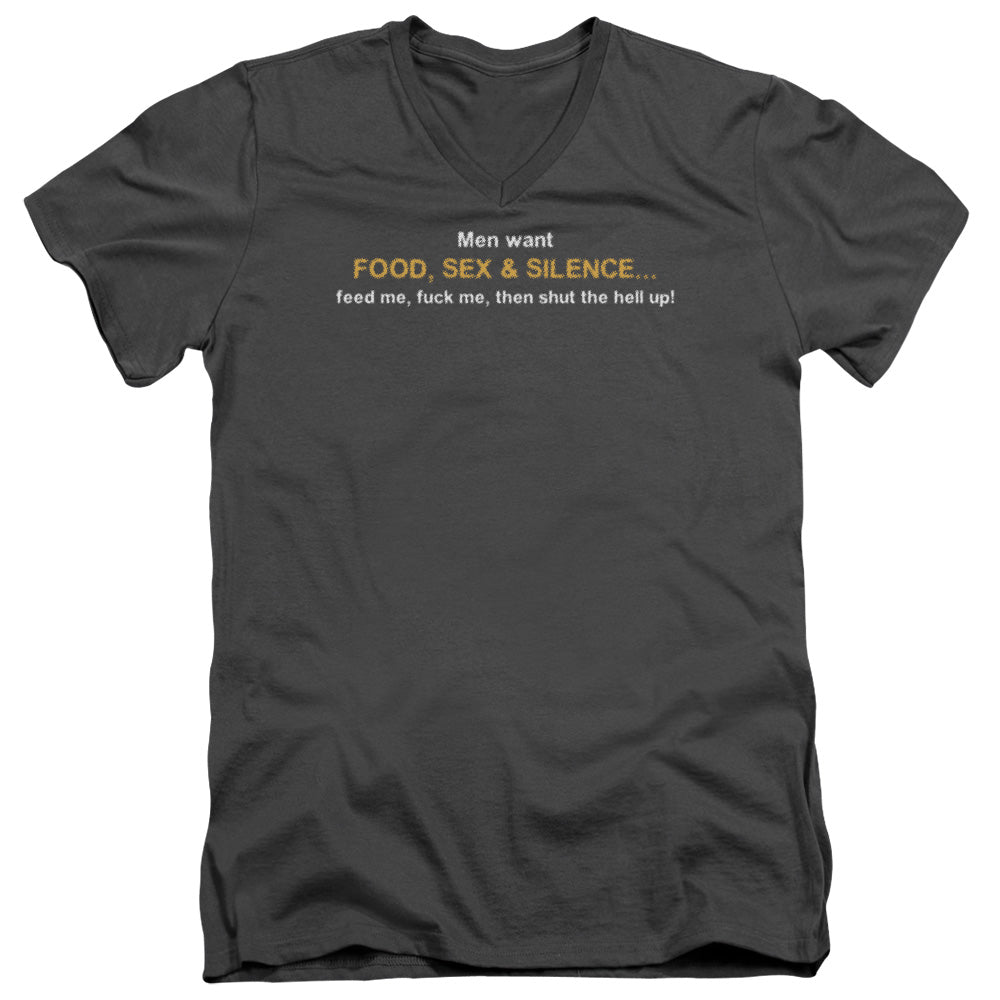 Food, Sex & Silence - Short Sleeve Adult V-neck - Charcoal T-shirt