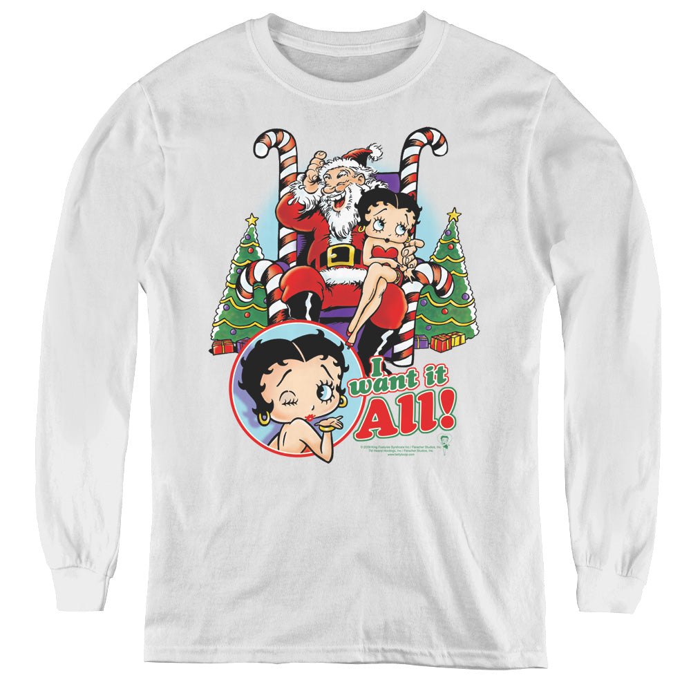 Betty Boop - I Want It All - Youth Long Sleeve Tee - White