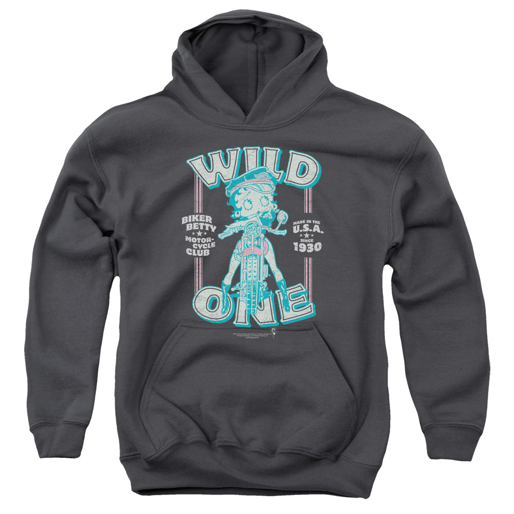 Betty Boop Wild One-youth Pull-over Hoodie - Charcoal