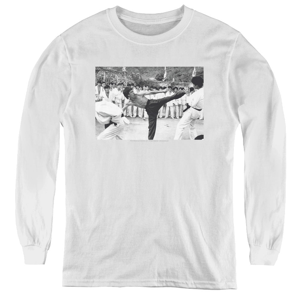 Bruce Lee - Kick To The Head - Youth Long Sleeve Tee - White