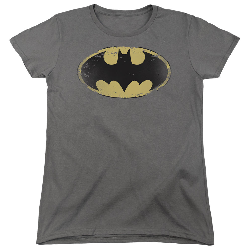 Batman - Distressed Shield - Short Sleeve Womens Tee - Charcoal T-shirt