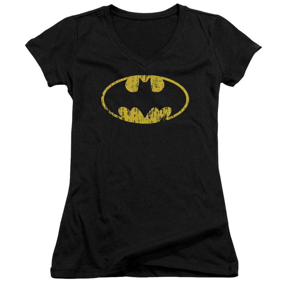 Batman - Classic Logo Distressed - Junior V-neck - Black