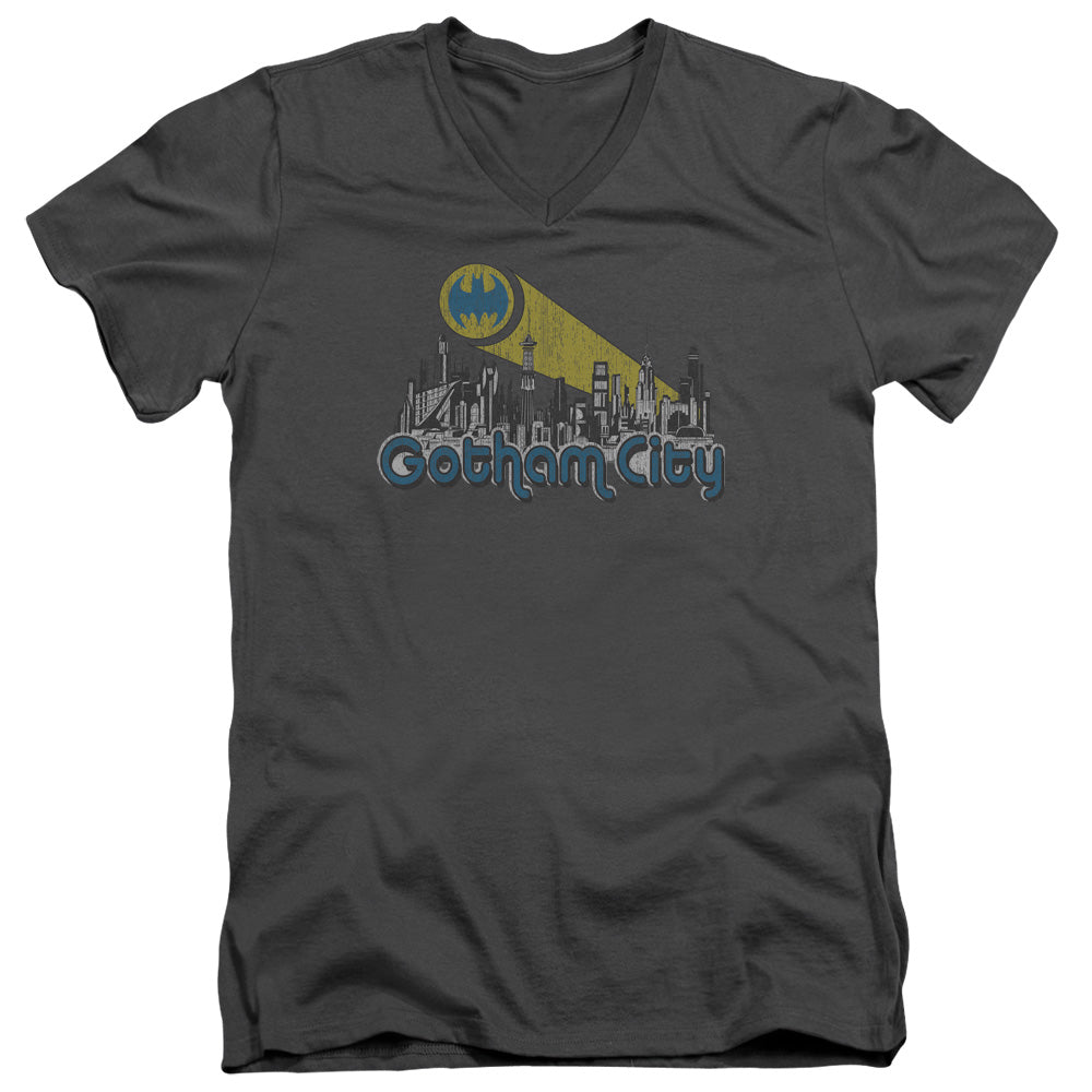 Batman - Gotham City Distressed - Short Sleeve Adult V-neck - Charcoal T-shirt