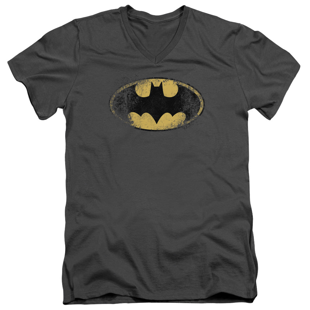 Batman - Destroyed Logo - Short Sleeve Adult V-neck - Charcoal T-shirt