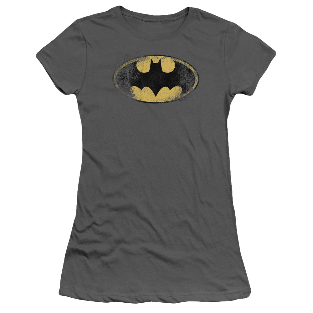 Batman - Destroyed Logo - Short Sleeve Junior Sheer - Charcoal T-shirt