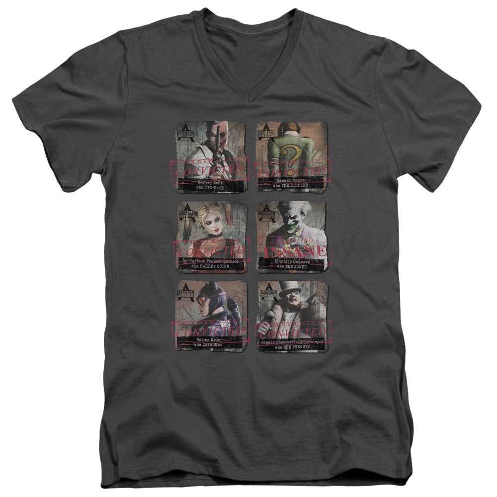 Arkham City - Arkham Lineup - Short Sleeve Adult V-neck - Charcoal T-shirt