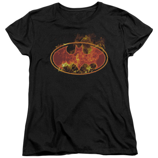 Batman - Flames Logo - Short Sleeve Womens Tee - Black T-shirt