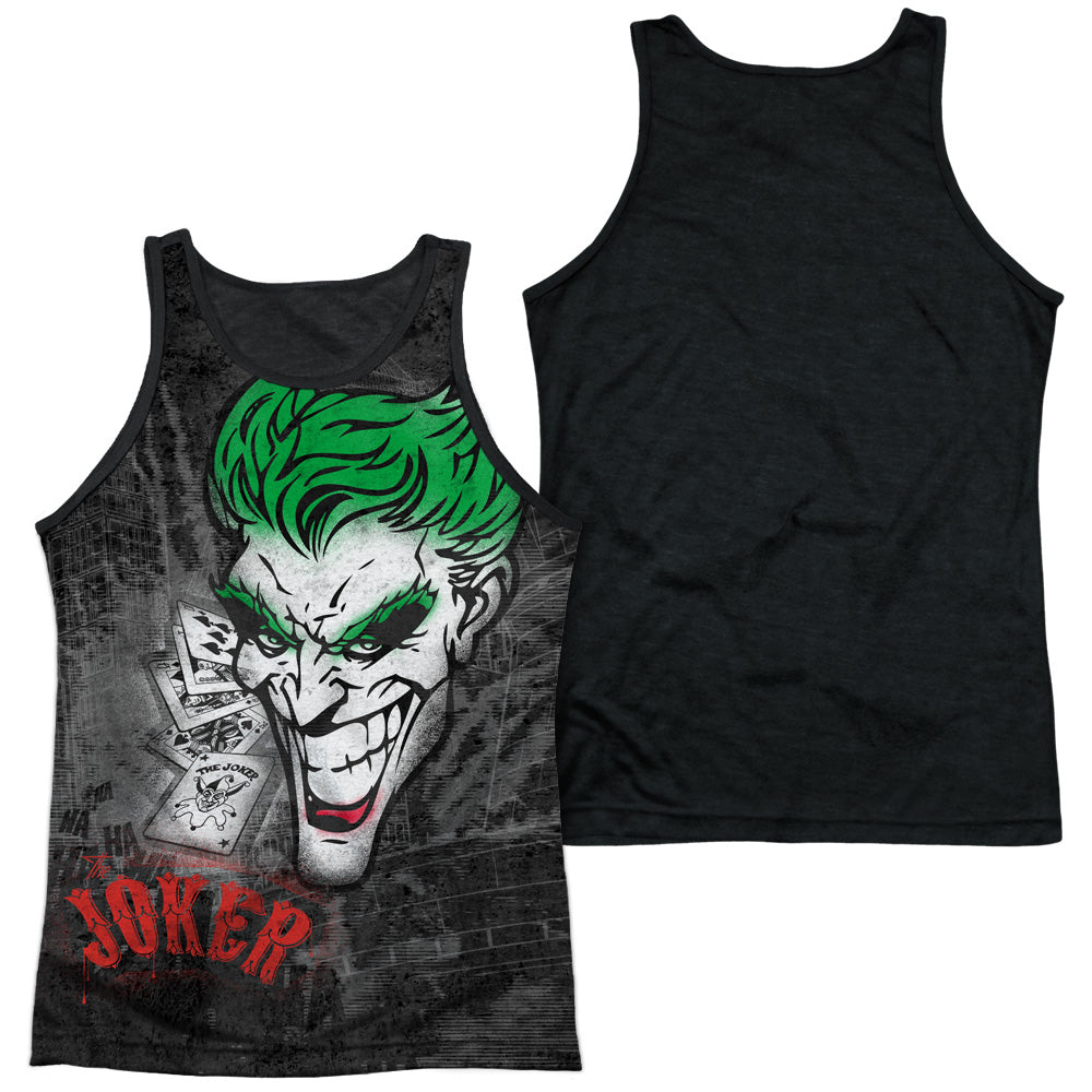 Batman - Joker Sprays The City - Adult Poly Tank Top Black Back - White