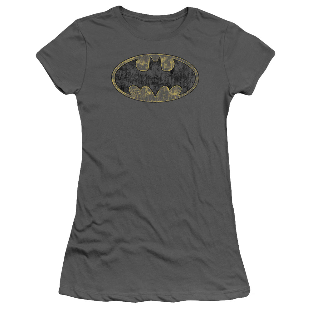 Batman - Tattered Logo - Short Sleeve Junior Sheer - Charcoal T-shirt