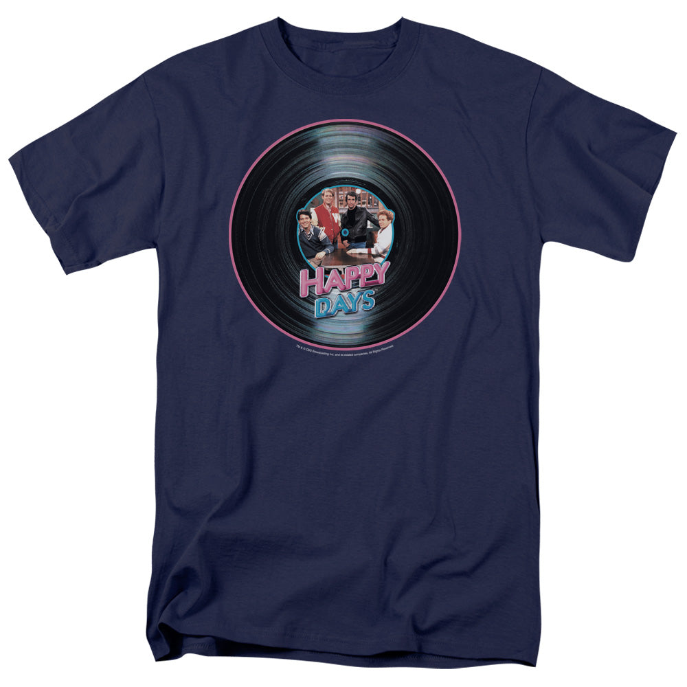 Happy Days - On The Record - Short Sleeve Adult 18/1 - Navy T-shirt