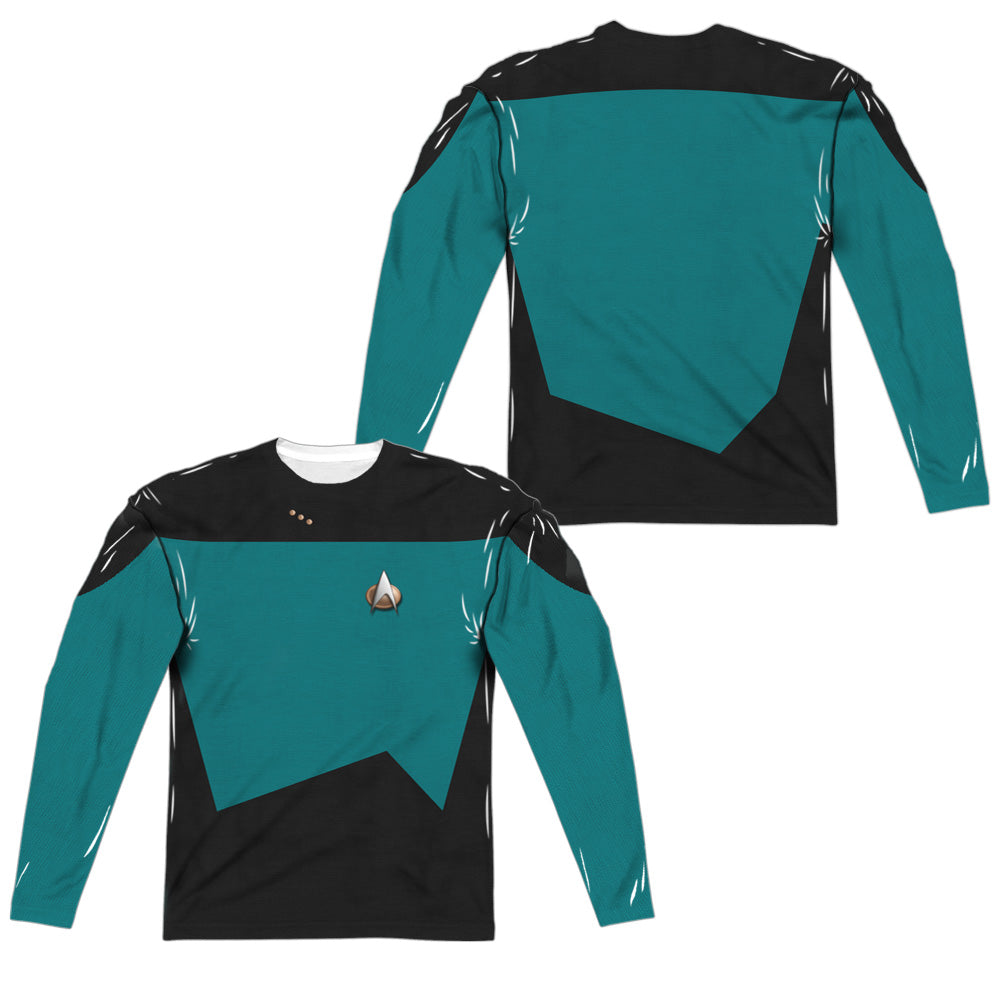 Star Trek - Tng Science Uniform (Front/back Print) - Long Sleeve Adult Poly Crew  - White T-shirt