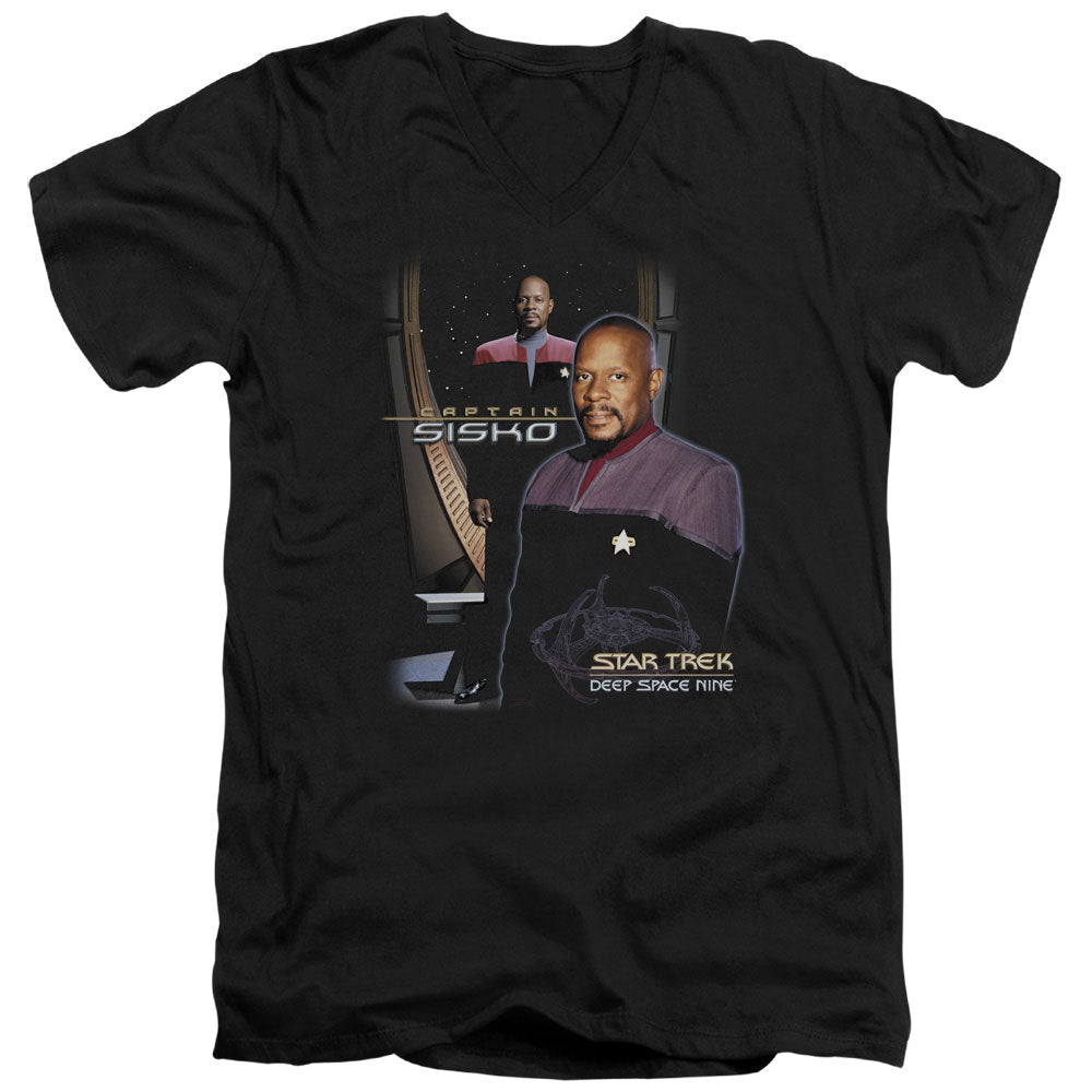 Star Trek - Captain Sisko - Short Sleeve Adult V-neck - Black T-shirt