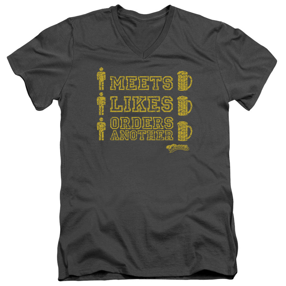 Cheers - Man Meets Beer - Short Sleeve Adult V-neck - Charcoal T-shirt