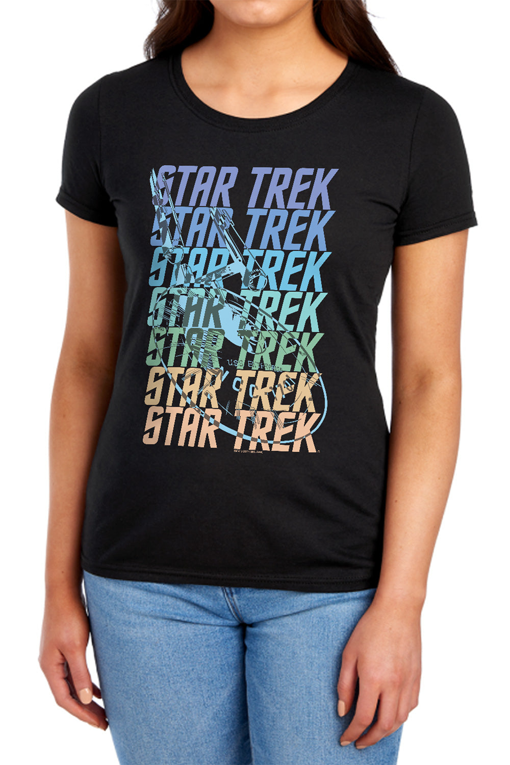 Star Trek - Multi Logo Enterprise - Short Sleeve Womens Tee - Black T-shirt