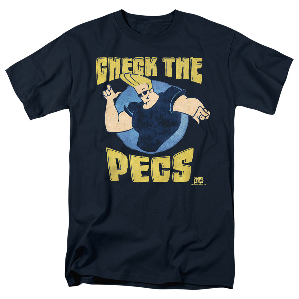 Johnny Bravo - Check The Pects - Short Sleeve Adult 18/1 - Navy T-shirt