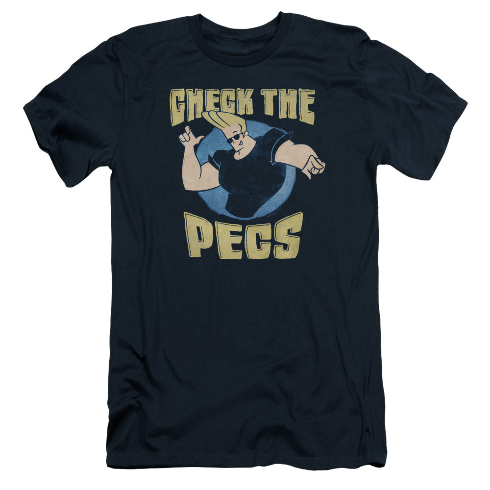 Johnny Bravo - Check The Pects - Short Sleeve Adult 30/1 - Navy T-shirt