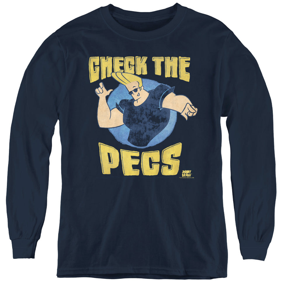 Johnny Bravo - Check The Pects - Youth Long Sleeve Tee - Navy