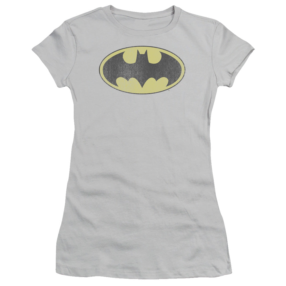 Dc Batman - Retro Bat Logo Distressed - Short Sleeve Junior Sheer - Silver T-shirt