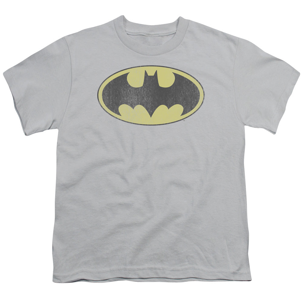 Dc Batman - Retro Bat Logo Distressed - Short Sleeve Youth 18/1 - Silver T-shirt