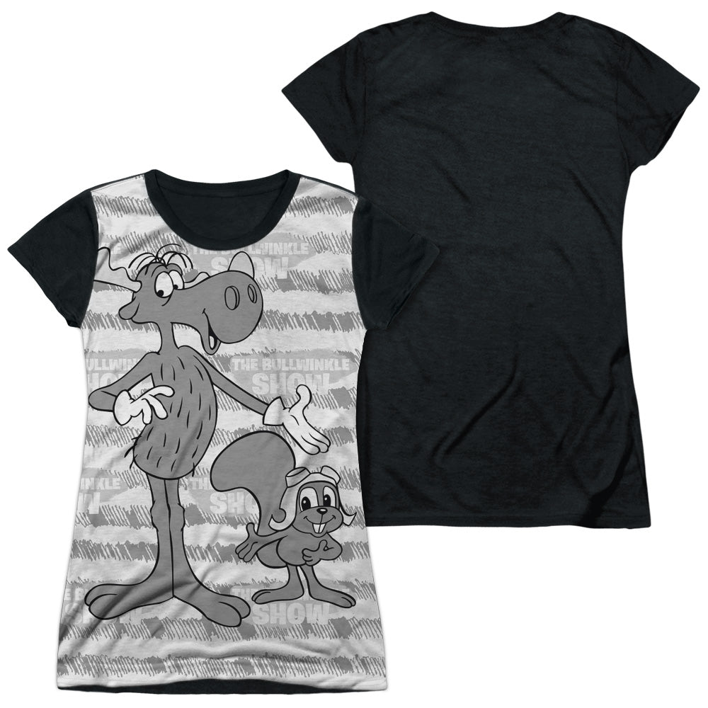 Rocky & Bullwinkle - Main Characters - Short Sleeve Junior Poly Black Back - White T-shirt