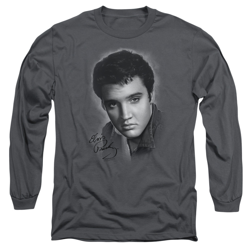 Elvis Presley - Grey Portrait - Long Sleeve Adult 18/1 - Charcoal T-shirt