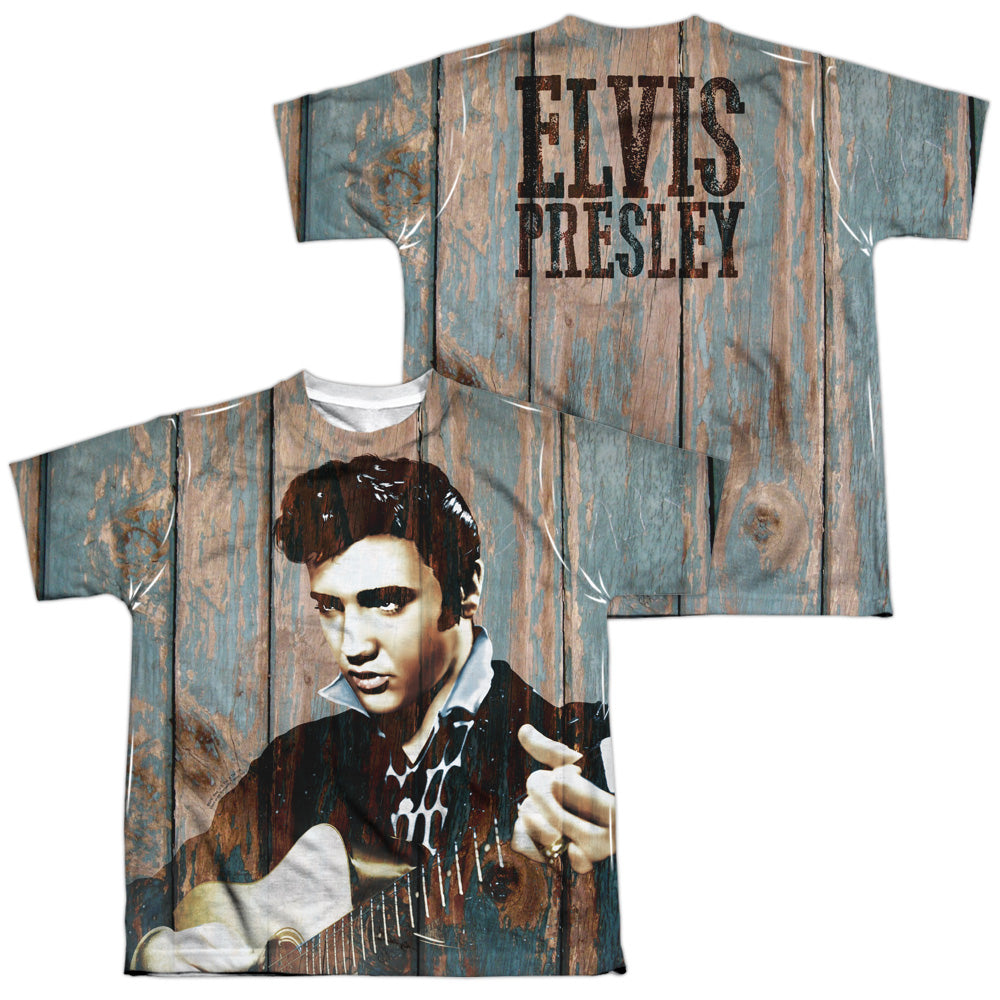 Elvis Presley - Woodgrain (Front/back Print) - Short Sleeve Youth Poly Crew - White T-shirt