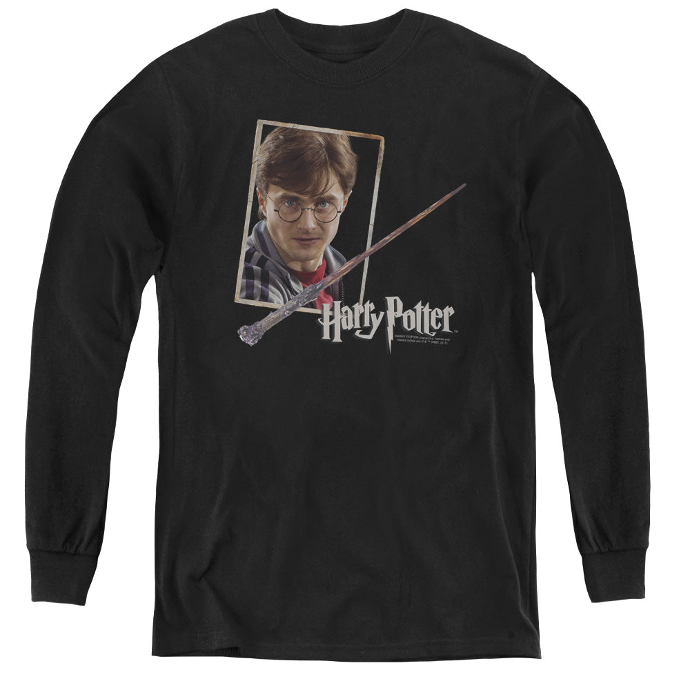 Harry Potter - Harrys Wand Portrait - Youth Long Sleeve Tee - Black