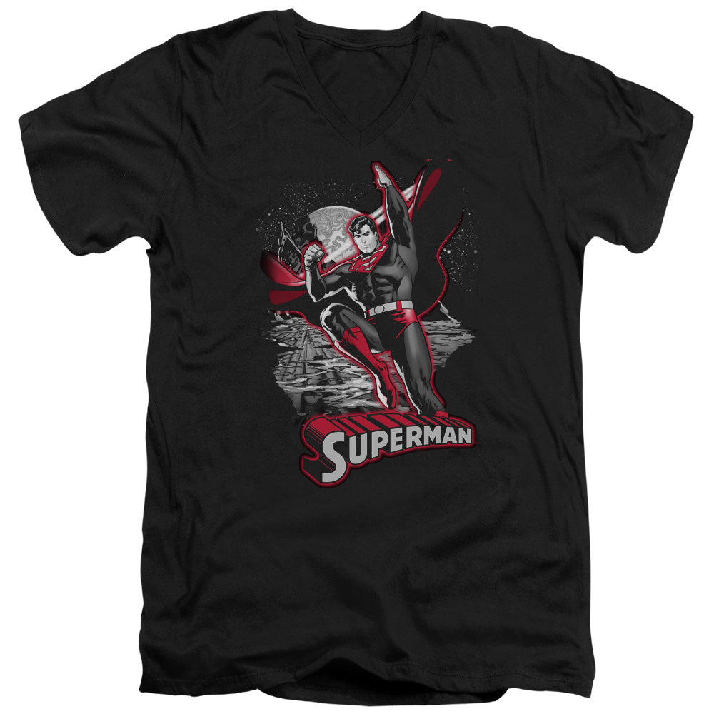 Jla - Superman Red & Gray - Short Sleeve Adult V-neck - Black T-shirt