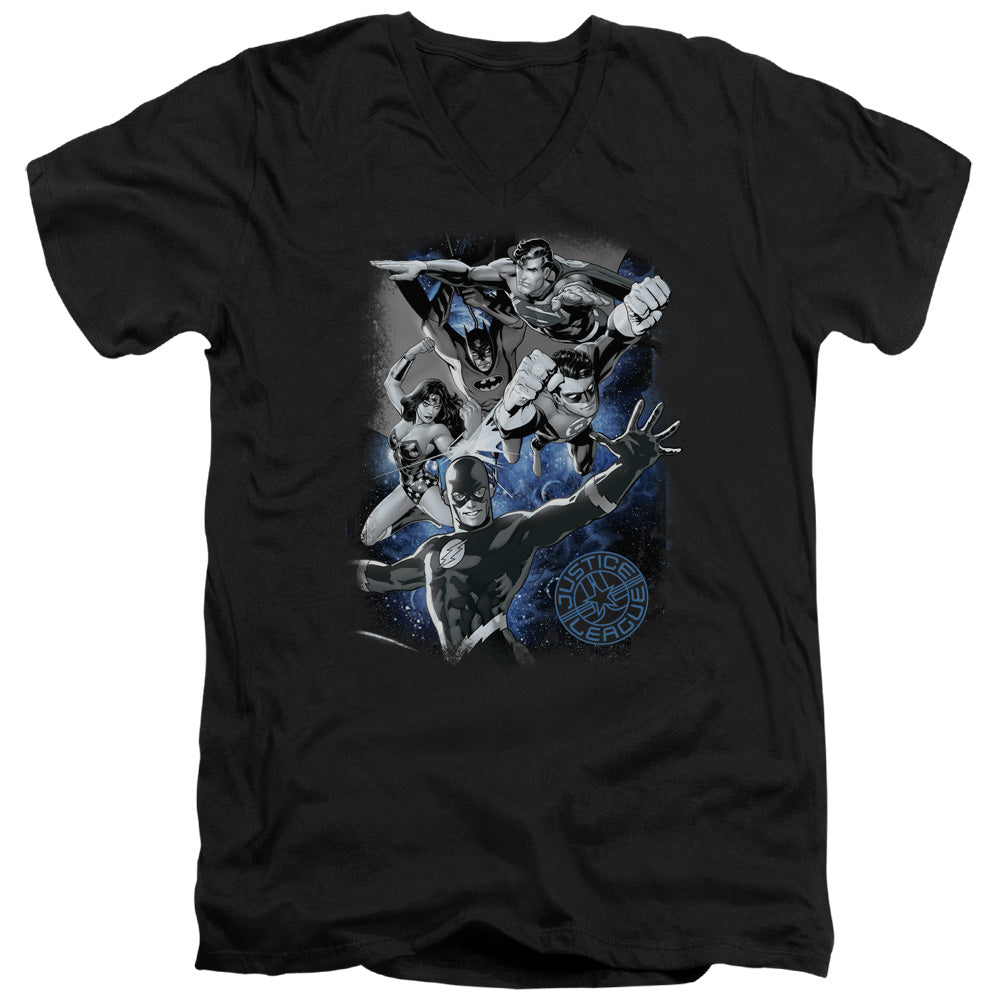 Jla - Galactic Attack Nebula - Short Sleeve Adult V-neck - Black T-shirt