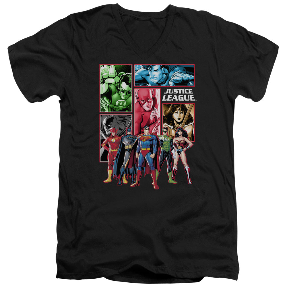 JLA JUSTICE LEAGUE PANELS - S/S ADULT V-NECK - BLACK T-Shirt