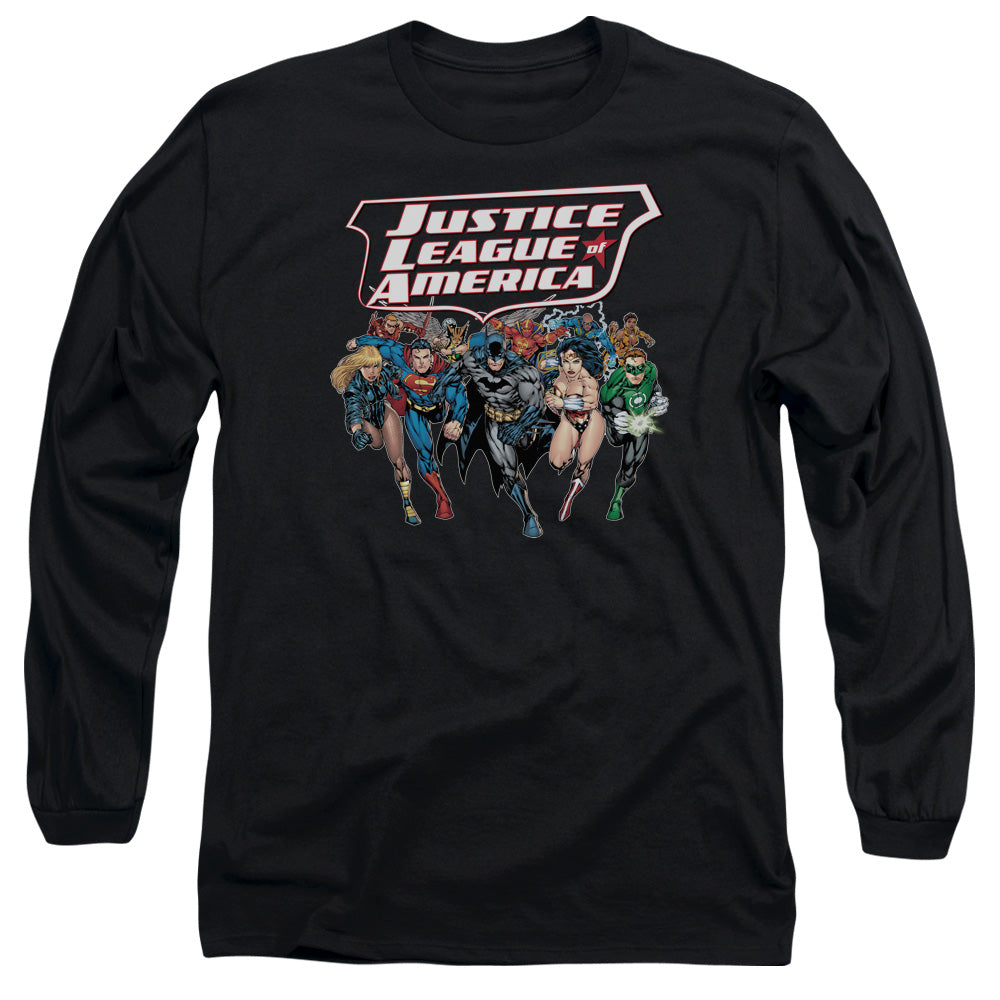 Jla - Charging Justice - Long Sleeve Adult 18/1 - Black T-shirt