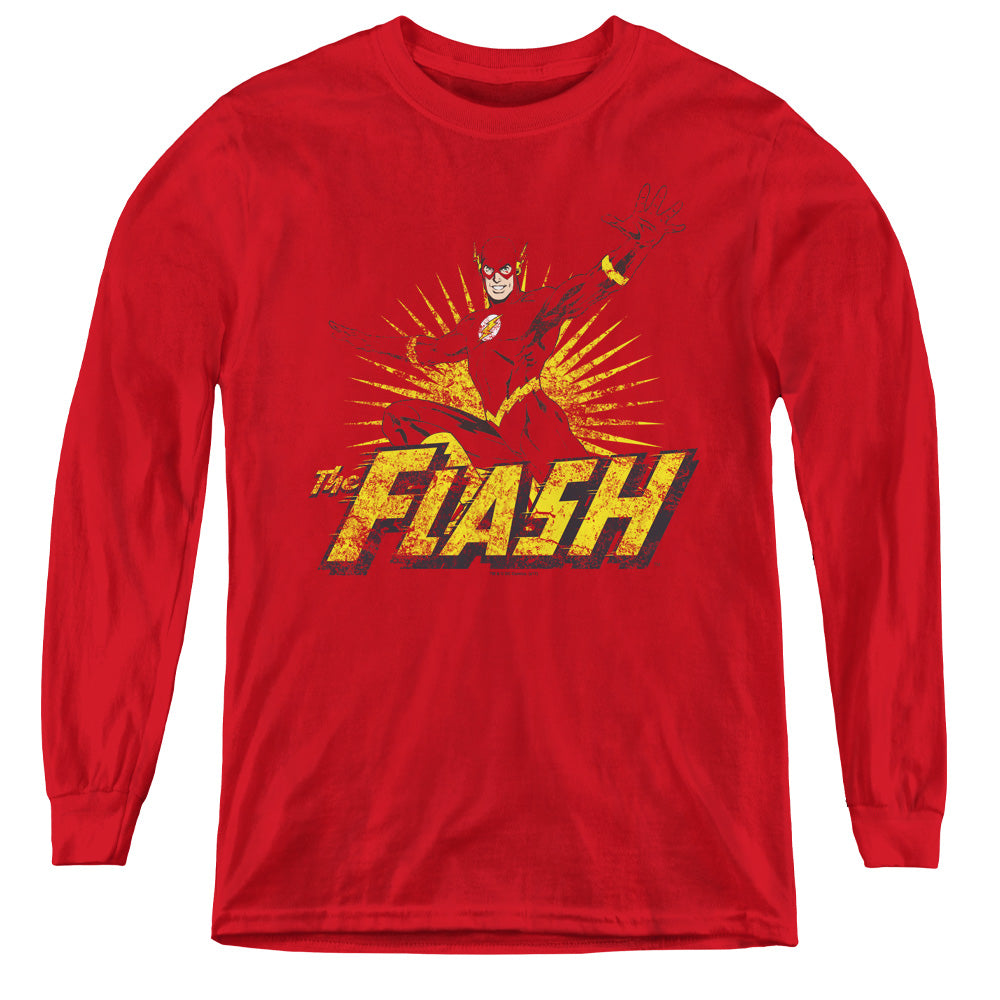 Jla Flash Rough Distress - Youth Long Sleeve Tee - Red