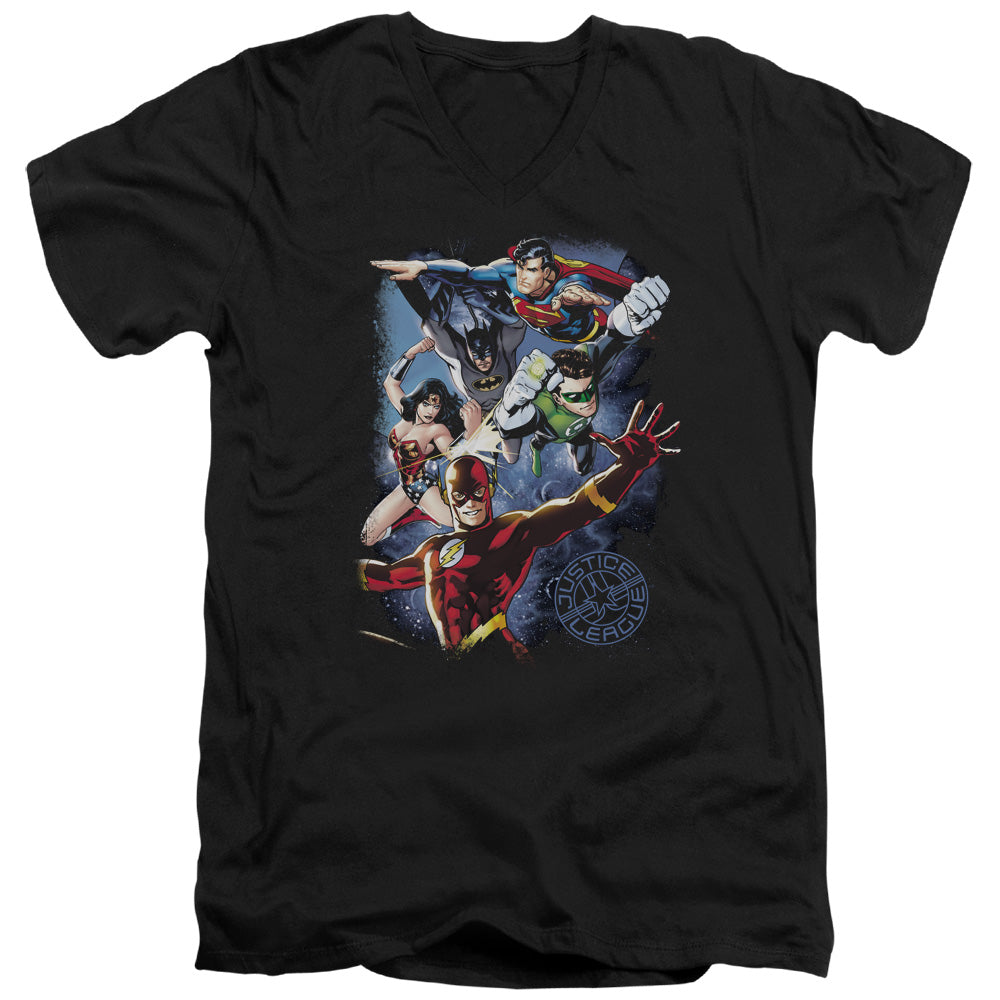 Jla - Galactic Attack Color - Short Sleeve Adult V-neck - Black T-shirt