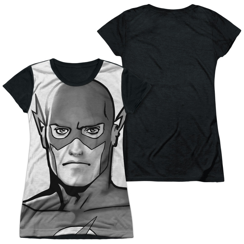 Jla - Bw Flash Head - Short Sleeve Junior Poly Black Back - White T-shirt