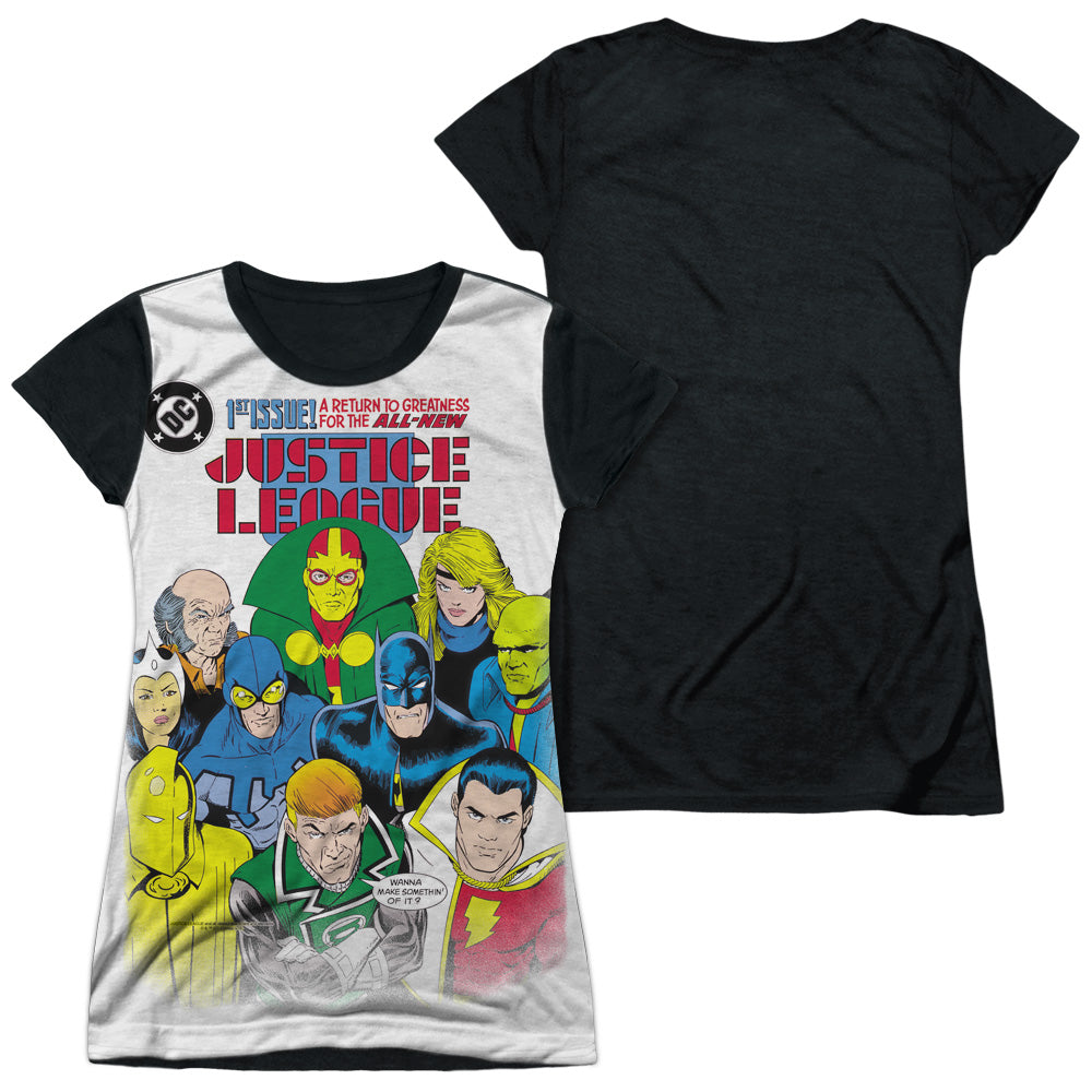 Jla - Return To Greatness - Short Sleeve Junior Poly Black Back - White T-shirt