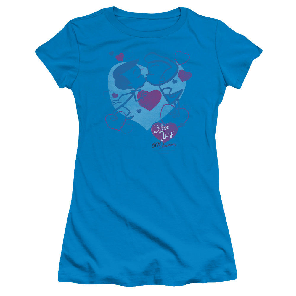 I Love Lucy - Cartoon Kiss - Short Sleeve Junior Sheer - Turquoise T-shirt