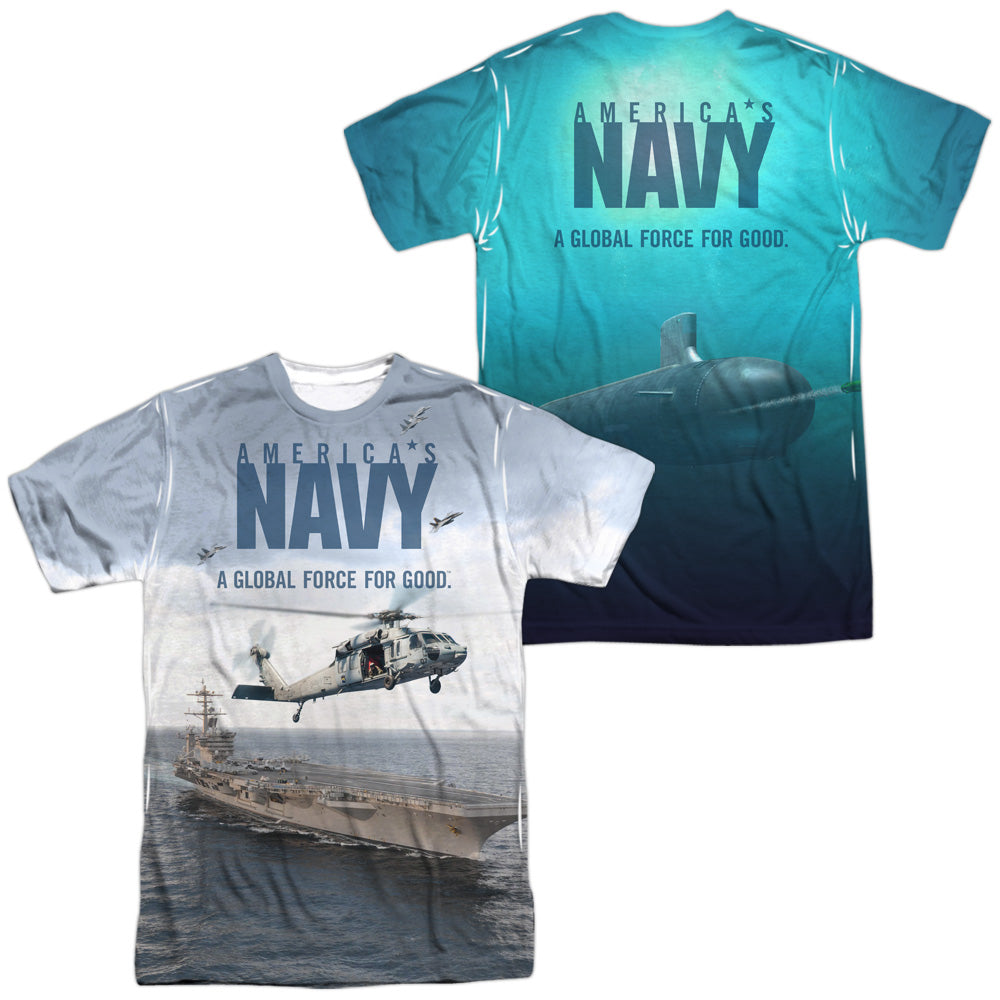 Navy - Over And Under (Front/back Print) - Short Sleeve Adult Poly Crew - White T-shirt