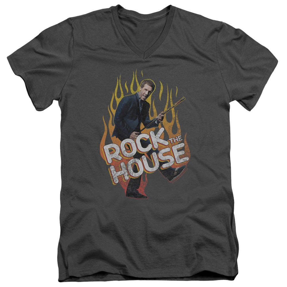 House - Rock The House - Short Sleeve Adult V-neck - Charcoal T-shirt