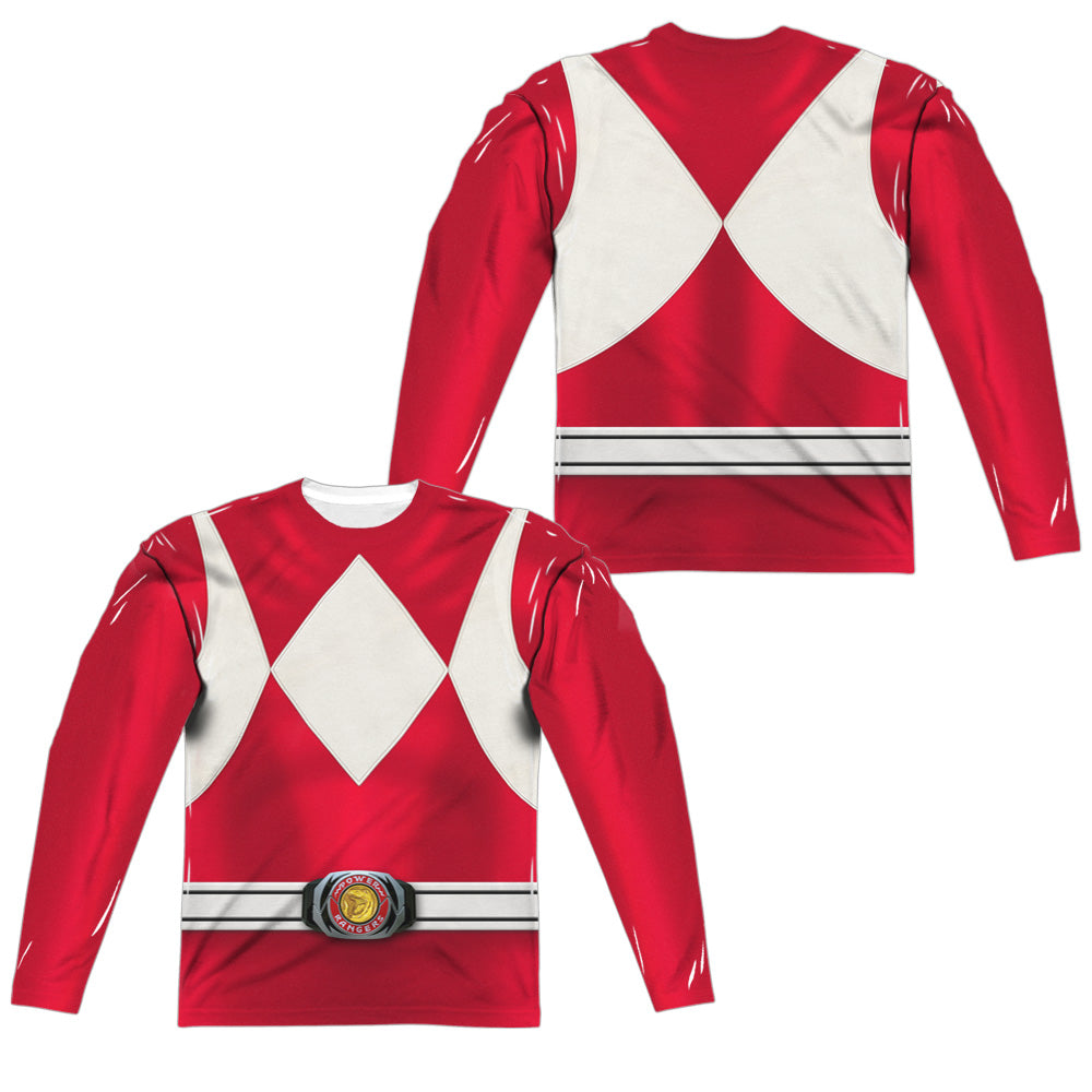 Power Rangers - Red Ranger (Front/back Print) - Long Sleeve Adult Poly Crew  - White T-shirt