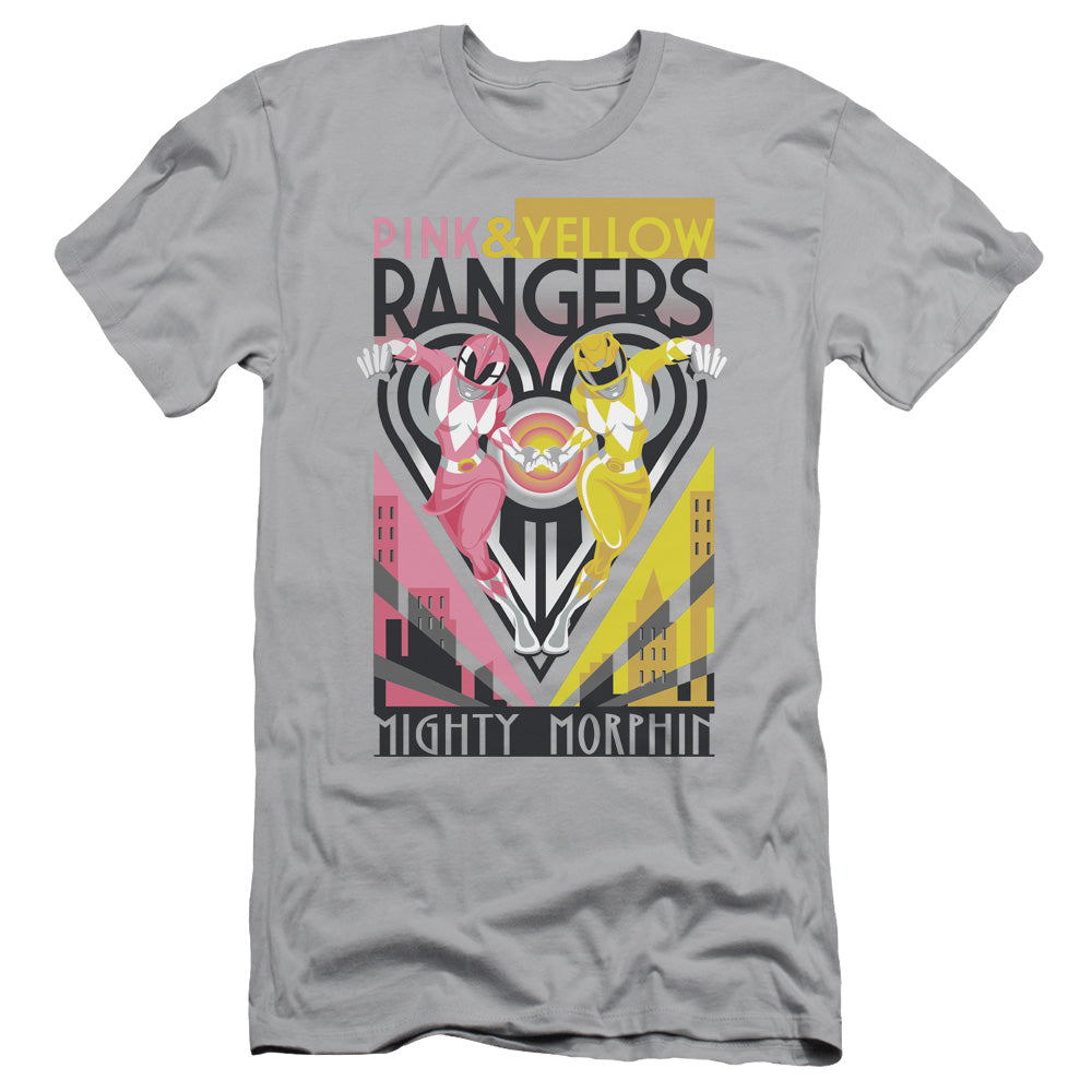 Power Rangers - Pink & Yellow Deco - Short Sleeve Adult 30/1 - Silver T-shirt