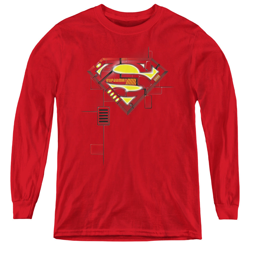 Superman - Super Mech Shield - Youth Long Sleeve Tee - Red