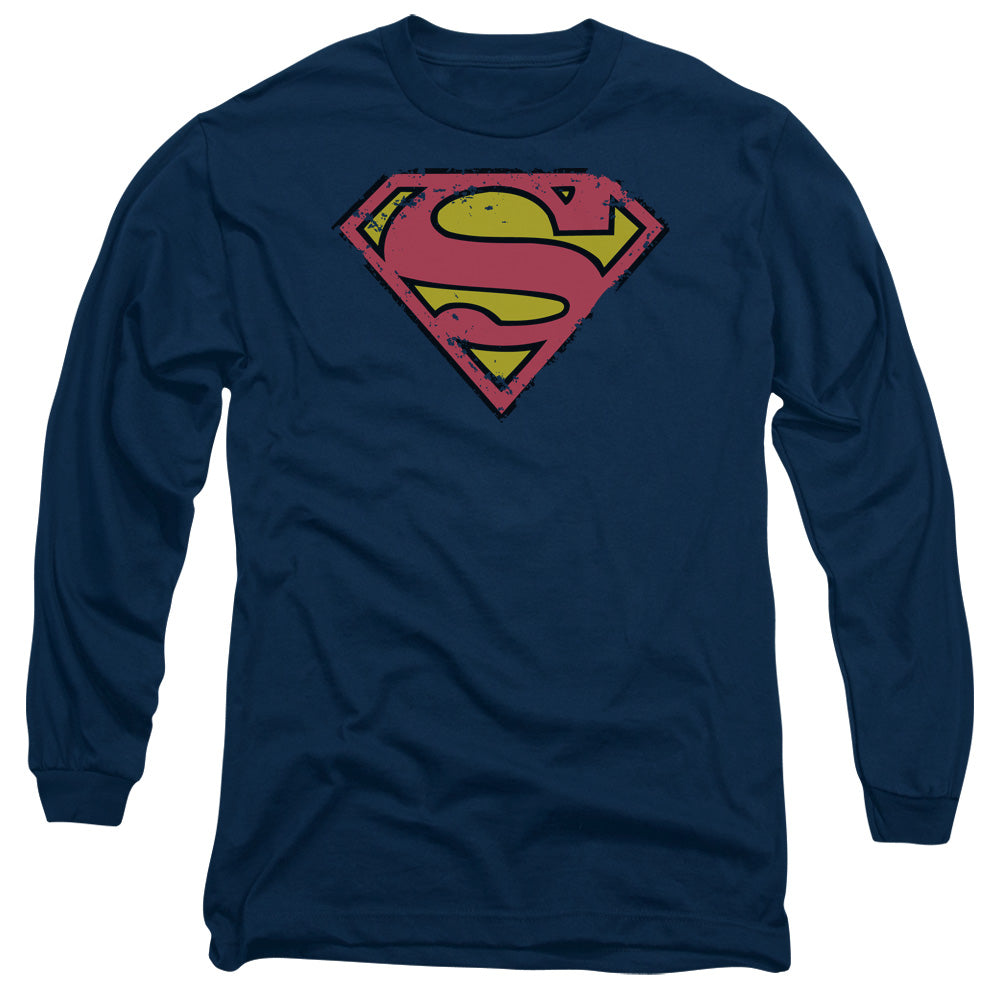 Superman - Distressed Shield - Long Sleeve Adult 18/1 - Navy T-shirt