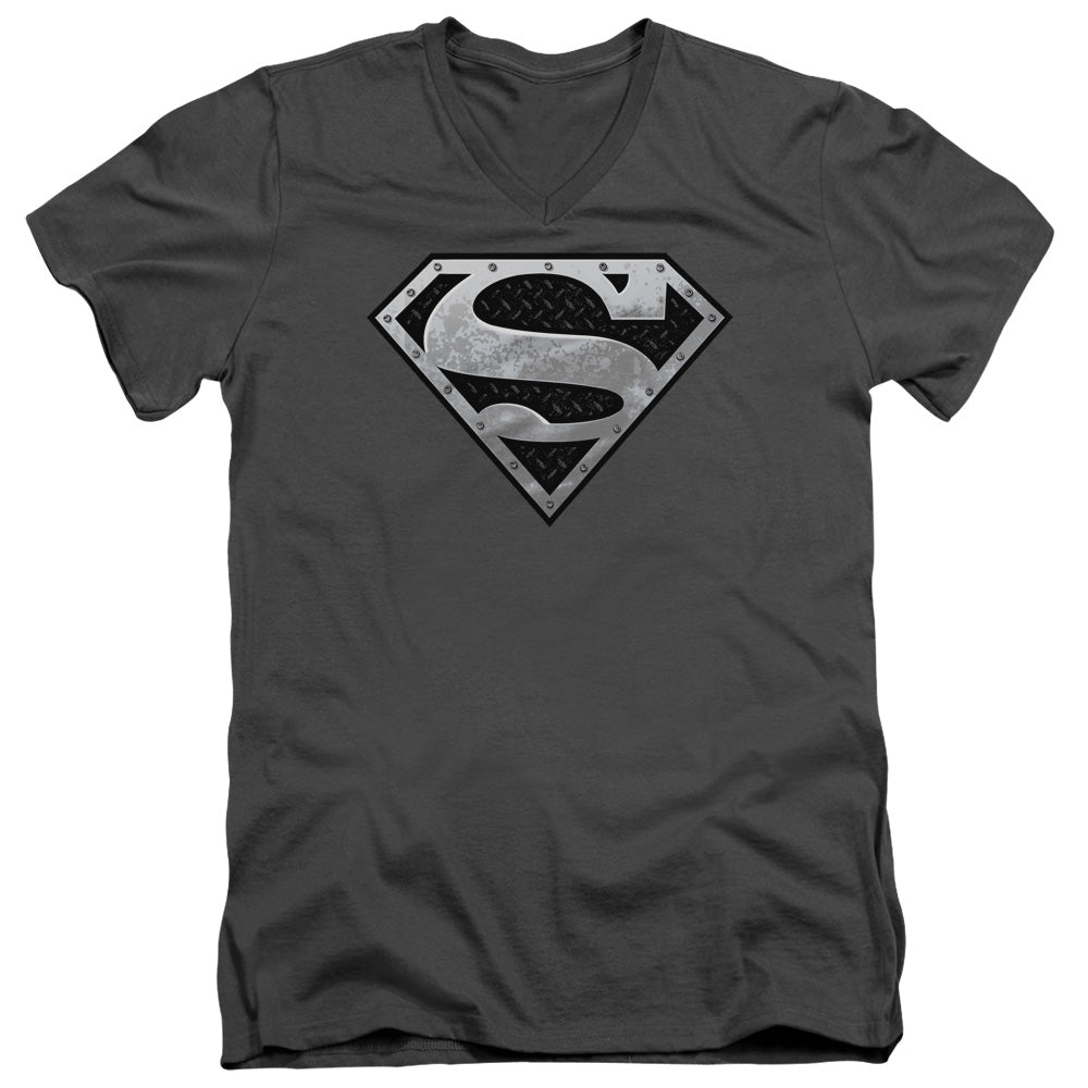 Superman - Super Metallic Shield - Short Sleeve Adult V-neck - Charcoal T-shirt