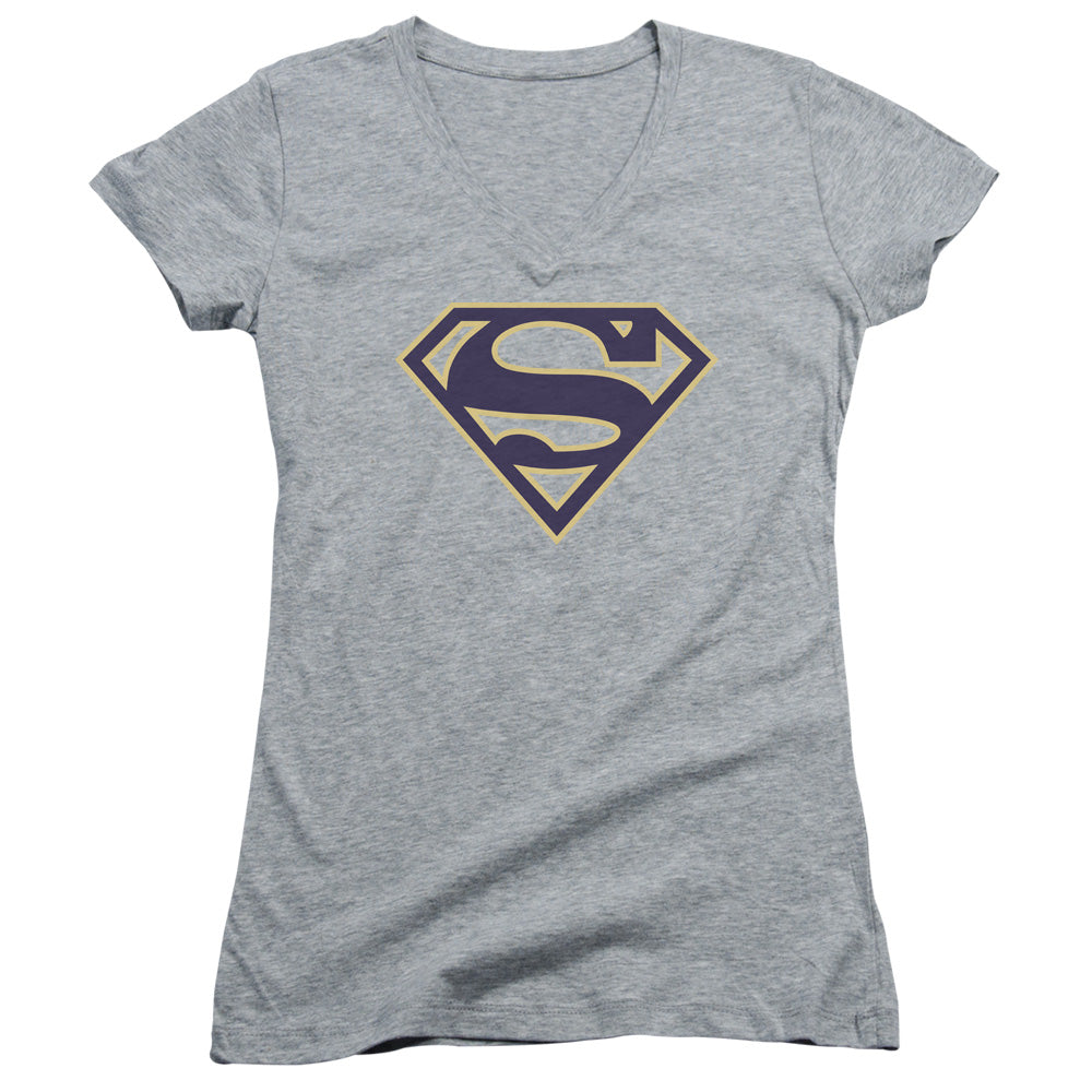 Superman - Navy & Gold Shield - Junior V-neck - Athletic Heather