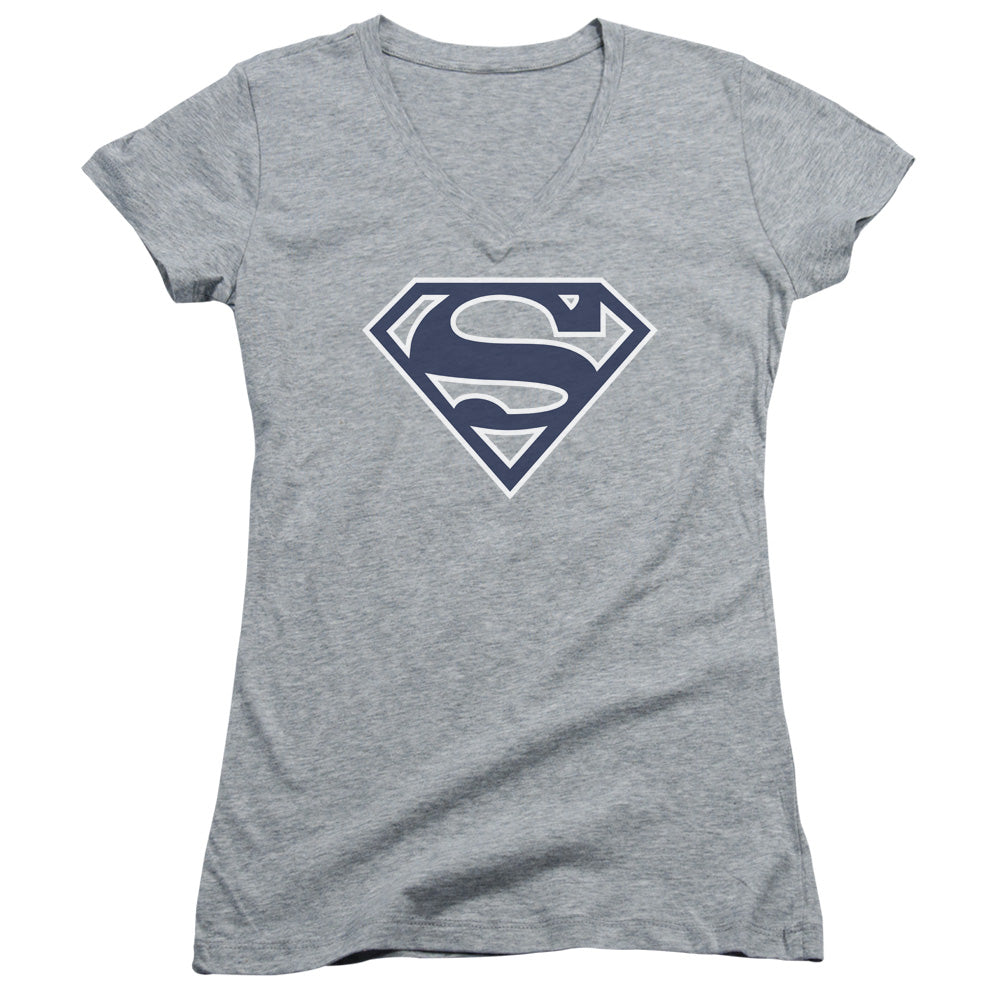 Superman - Navy & White Shield - Junior V-neck - Athletic Heather