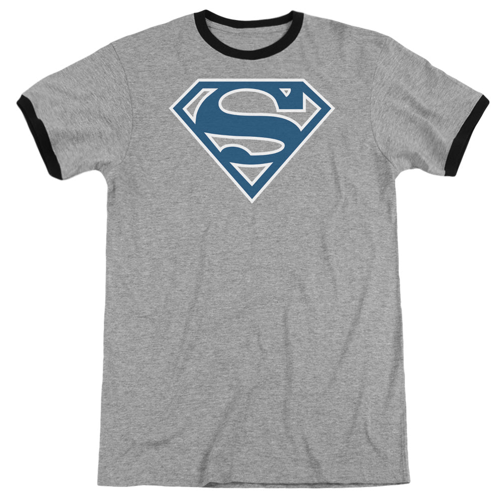 Superman - Blue & White Shield - Adult Ringer - Heather/black