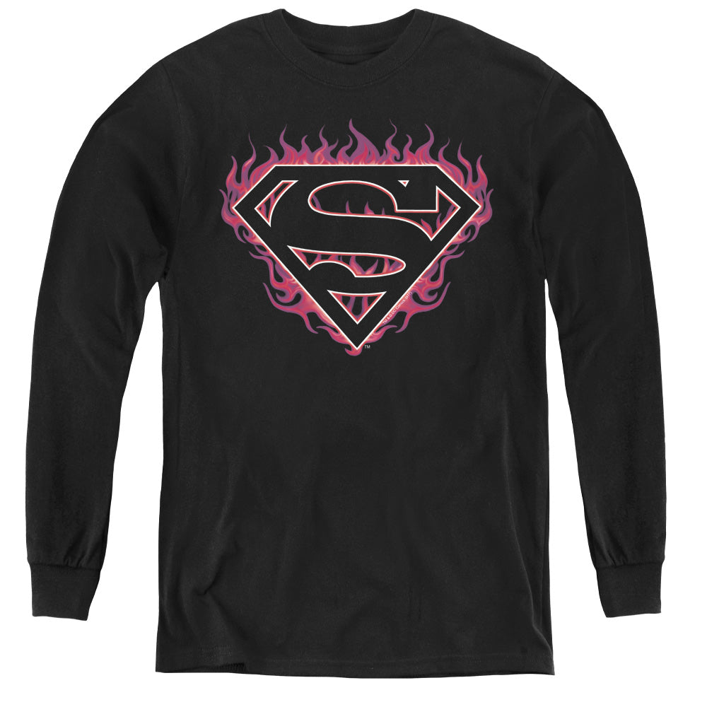 Superman - Fuchsia Flames - Youth Long Sleeve Tee - Black