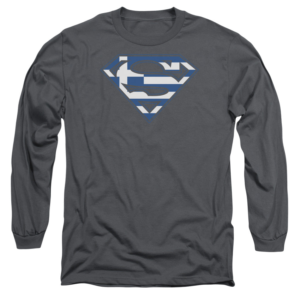 Superman - Greek Shield - Long Sleeve Adult 18/1 - Charcoal T-shirt