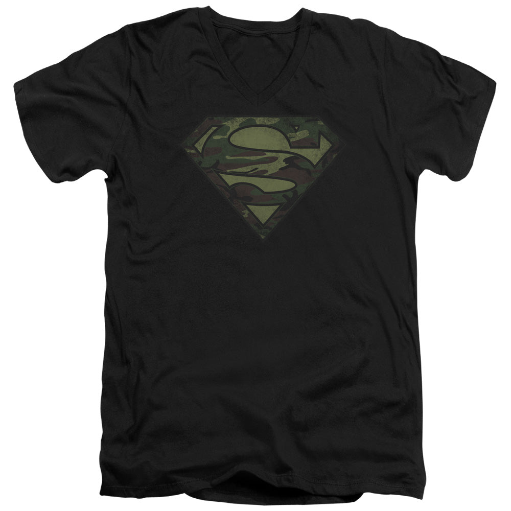 SUPERMAN CAMO LOGO DISTRESSED - S/S ADULT V-NECK - BLACK T-Shirt