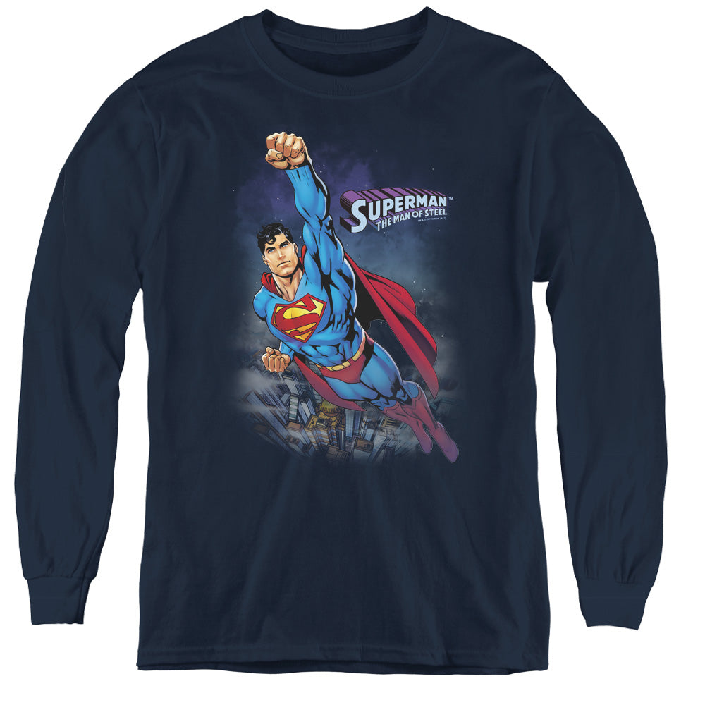 Superman Twilight Flight - Youth Long Sleeve Tee - Navy